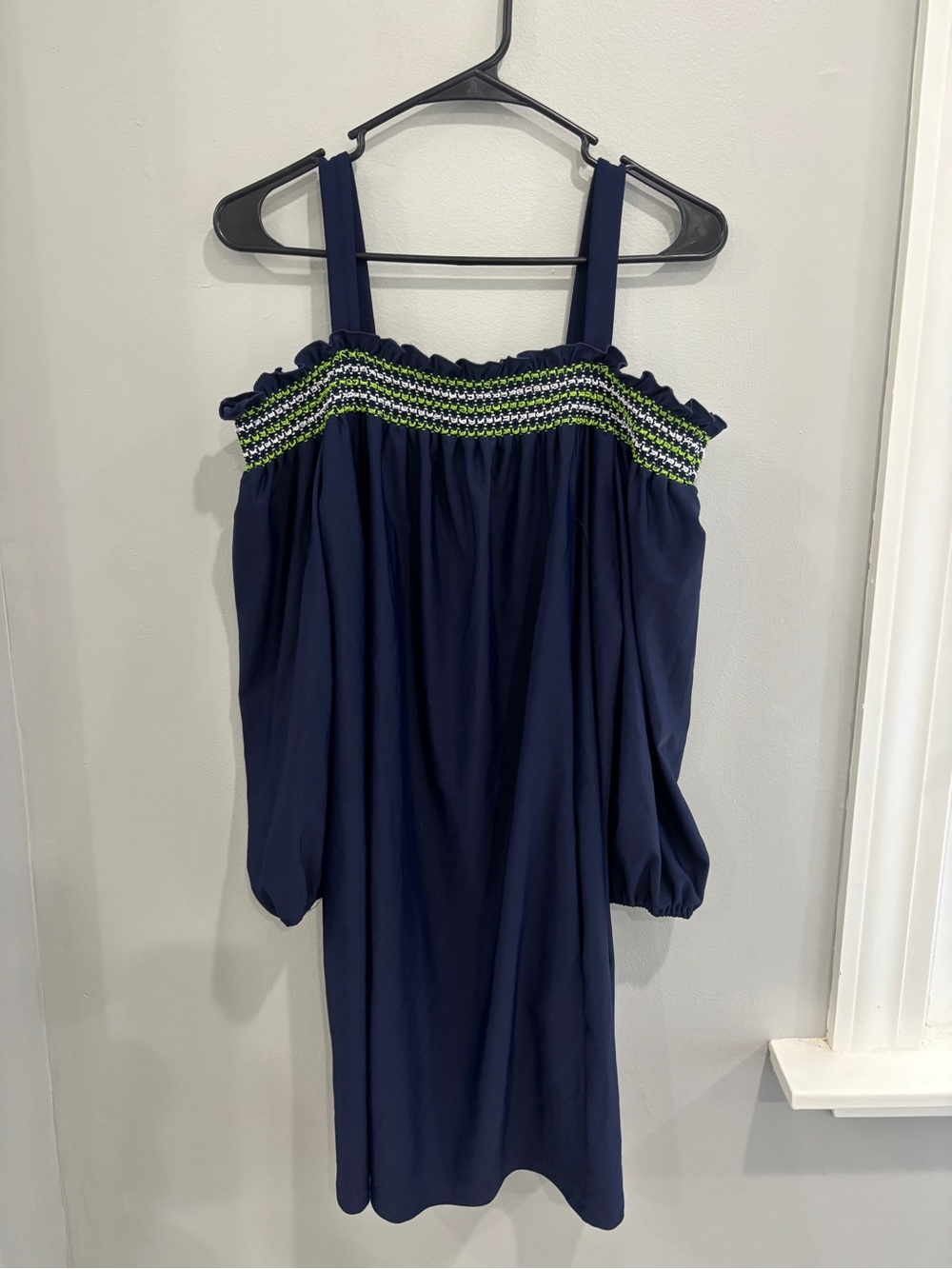 Jude Connally Navy Off-Shoulder Smocked Dress Lime Green Accent Large